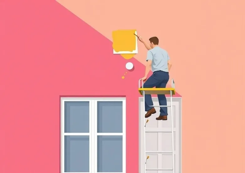 Peintre sur échafaudage traitant la façade d'une maison