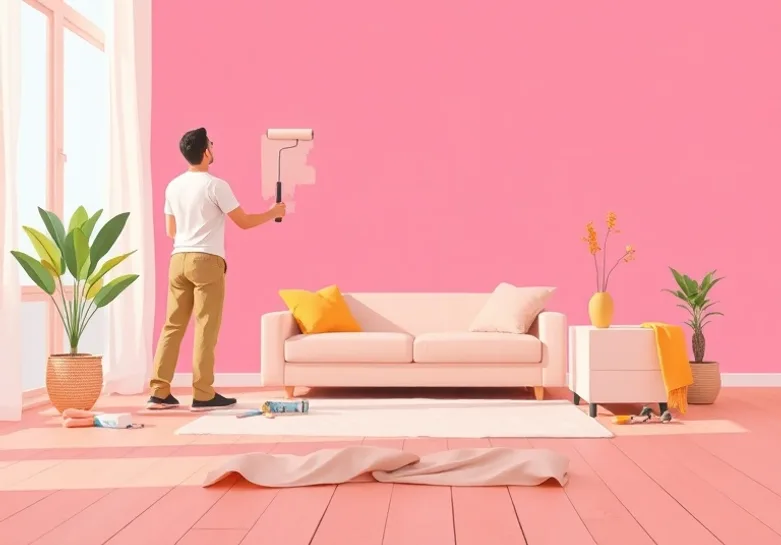 Peintre appliquant la peinture au rouleau sur un mur de salon